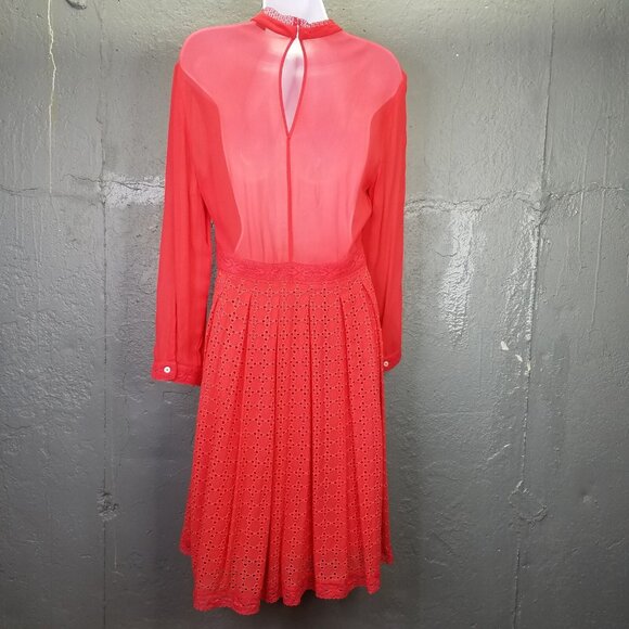 Allsaints Lilith Dress Sz 6 Eyelet Fit & Flare A-Line Coral Red Lace Sheer Lined - Picture 8 of 16